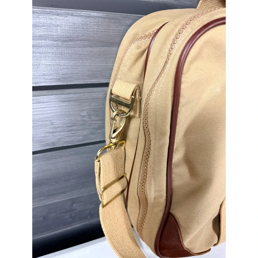 Vintage Lands' End Duffle Bag Canvas Leather USA Made Strap Beige